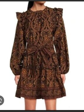 A loves A Damask print viole ruffle Long Sleeve Brown Dress